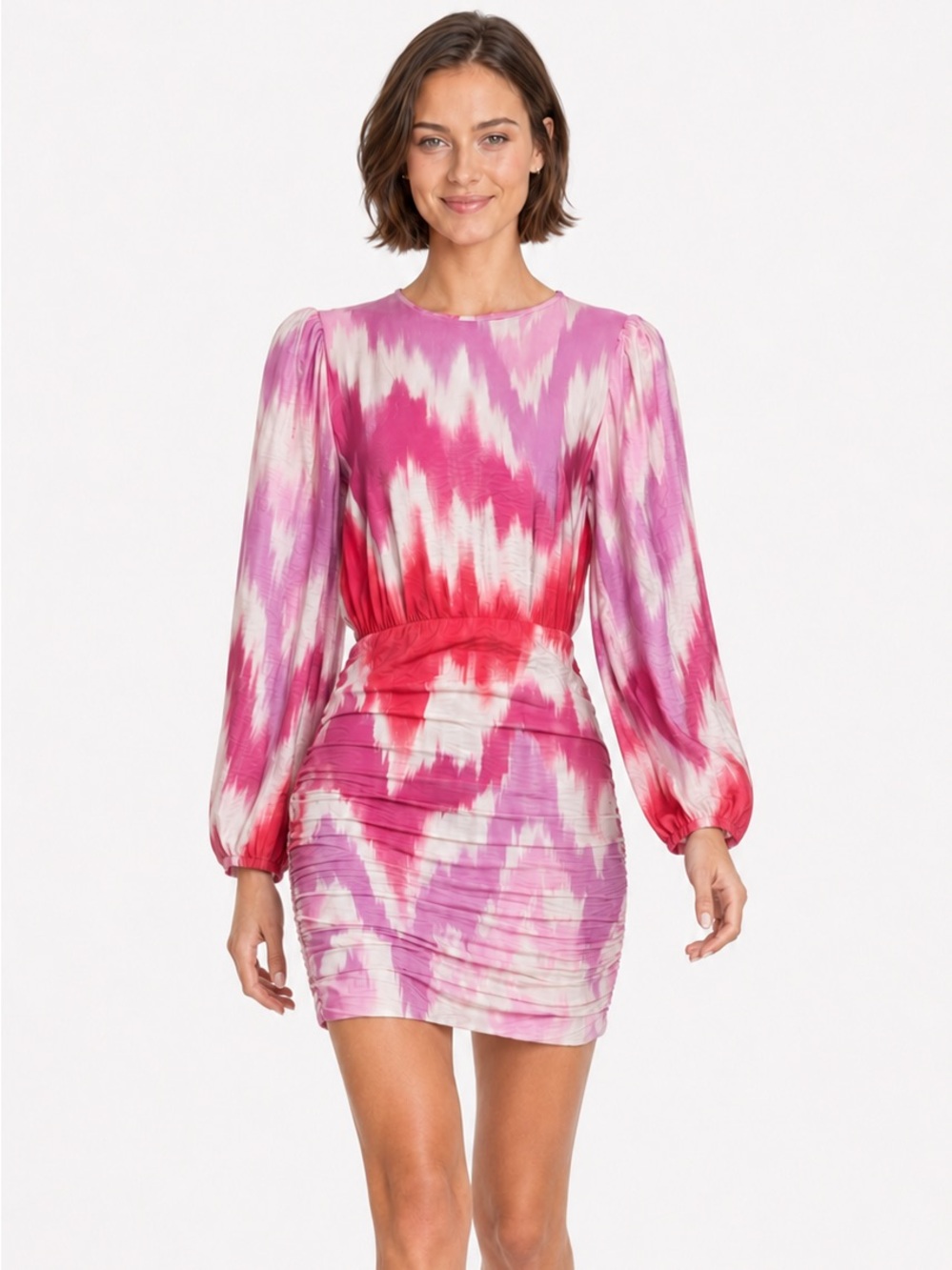 Maje Pink Purple Abstract Print Ruched Mini Dress Balloon Sleeve EU 38 US 6 NWOT